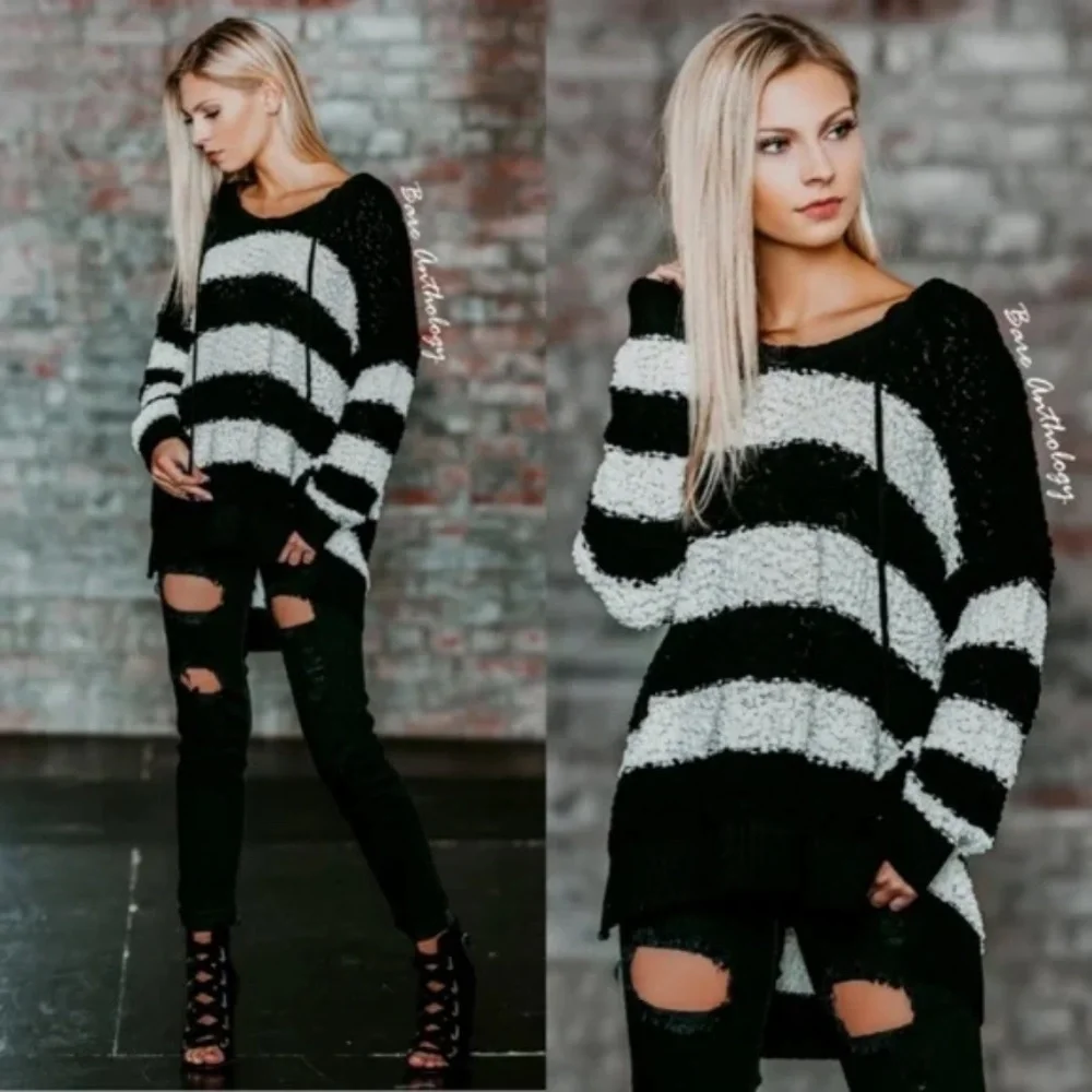 #48 Cozy Stripe Color Block Popcorn Hoodie Sweater Top - Picture 4 of 5